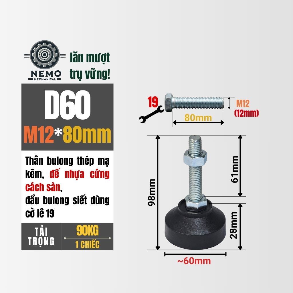 Chân Tăng Chỉnh Đế Nhựa Cứng – Giải Pháp Cân Bằng & Chống Rung (M10, M12, M16)